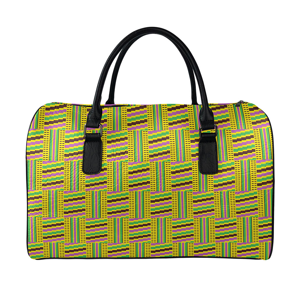 Ghana Kente Pattern Print Leather Duffle Bag
