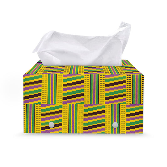 Ghana Kente Pattern Print Leather Tissue Box Cover