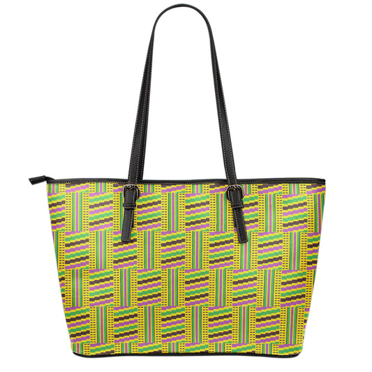 Ghana Kente Pattern Print Leather Tote Bag