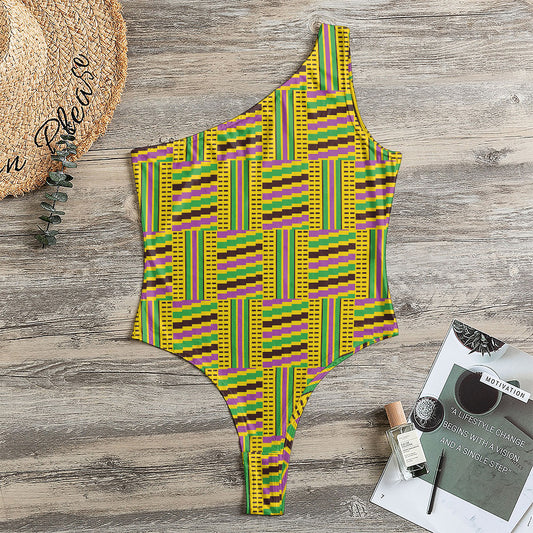 Ghana Kente Pattern Print One Shoulder Bodysuit
