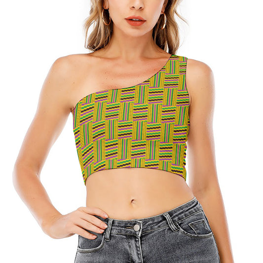 Ghana Kente Pattern Print One Shoulder Crop Top