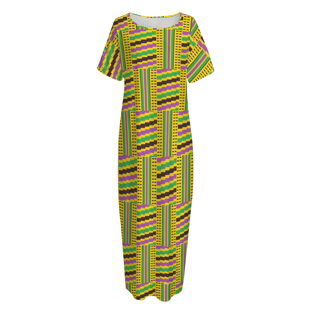 Ghana Kente Pattern Print Short Sleeve Long Nightdress
