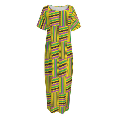 Ghana Kente Pattern Print Short Sleeve Long Nightdress