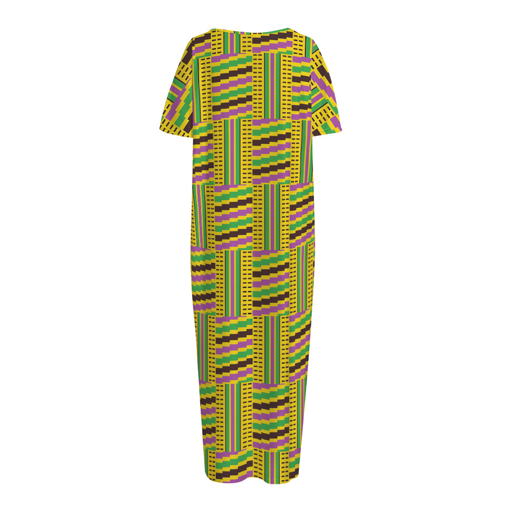 Ghana Kente Pattern Print Short Sleeve Long Nightdress
