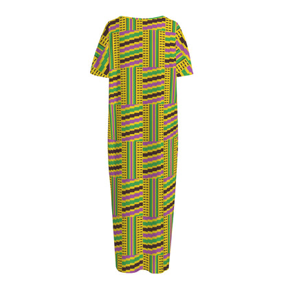 Ghana Kente Pattern Print Short Sleeve Long Nightdress