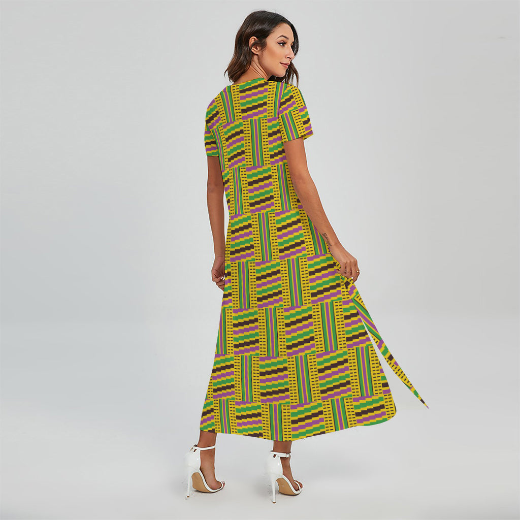 Ghana Kente Pattern Print Short Sleeve Maxi Dress
