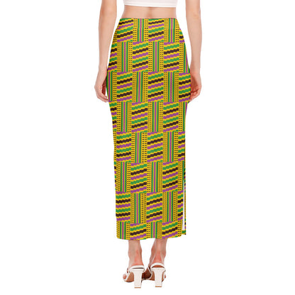 Ghana Kente Pattern Print Side Slit Maxi Skirt