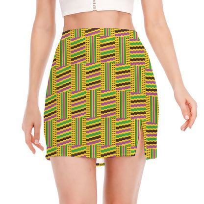 Ghana Kente Pattern Print Side Slit Mini Skirt