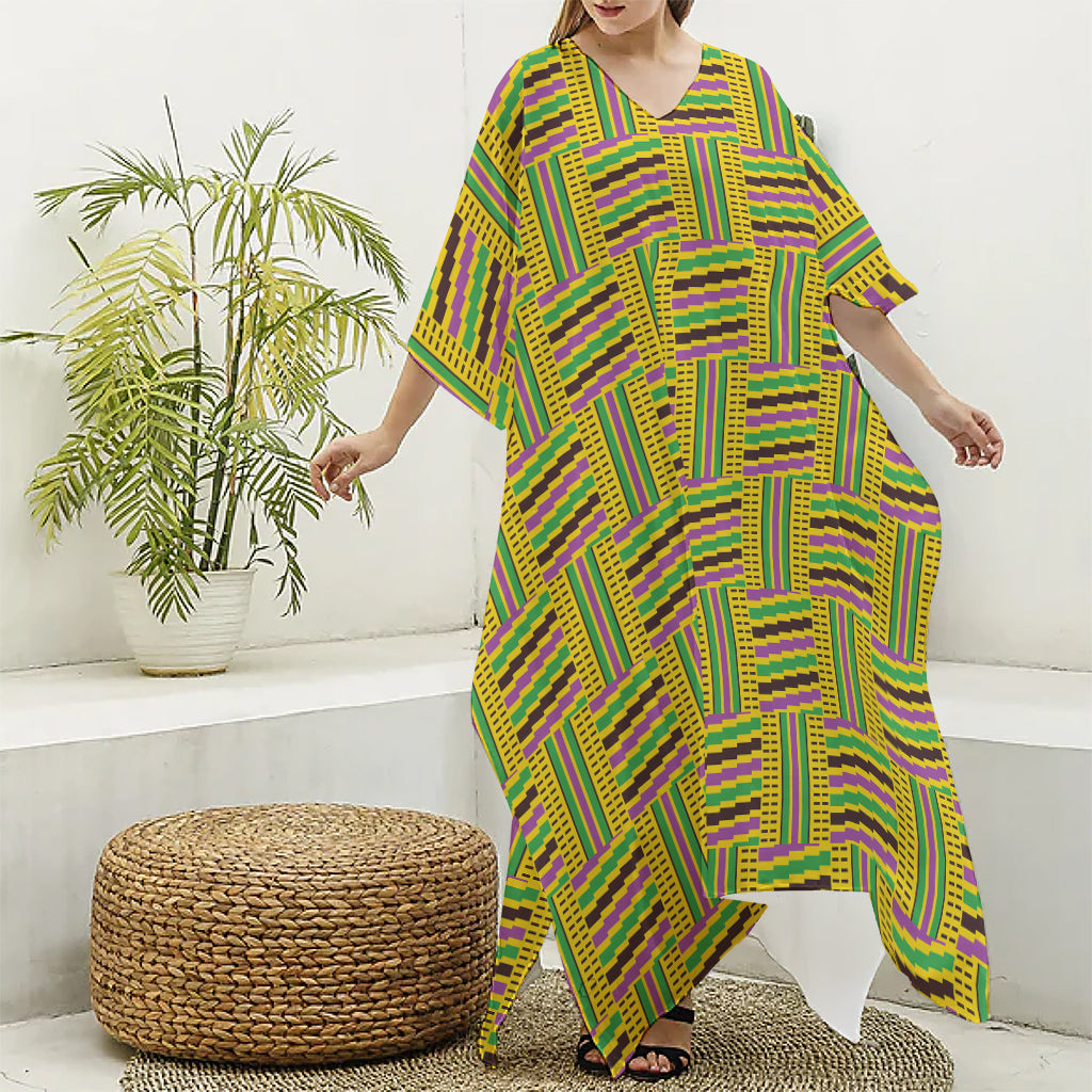 Ghana Kente Pattern Print Silk V-Neck Kaftan Dress