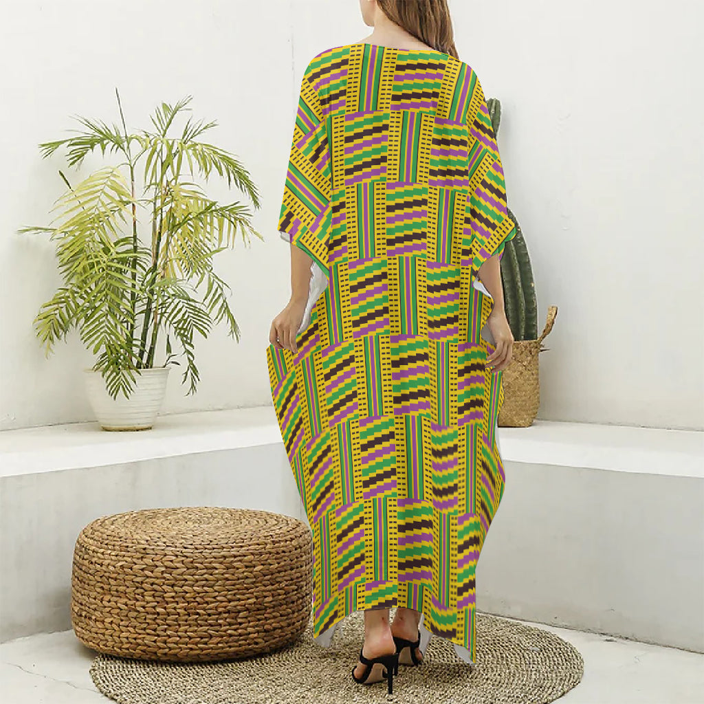 Ghana Kente Pattern Print Silk V-Neck Kaftan Dress