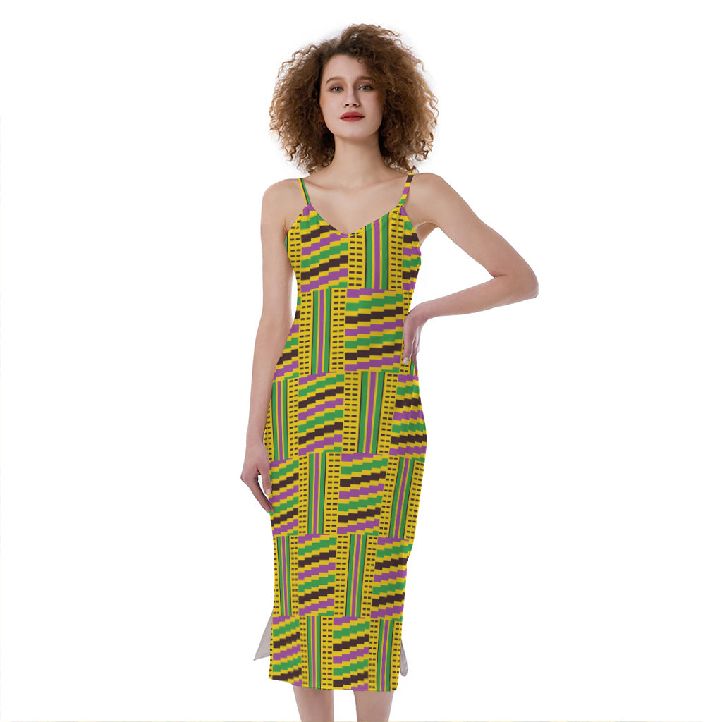 Ghana Kente Pattern Print Slim Fit Midi Cami Dress