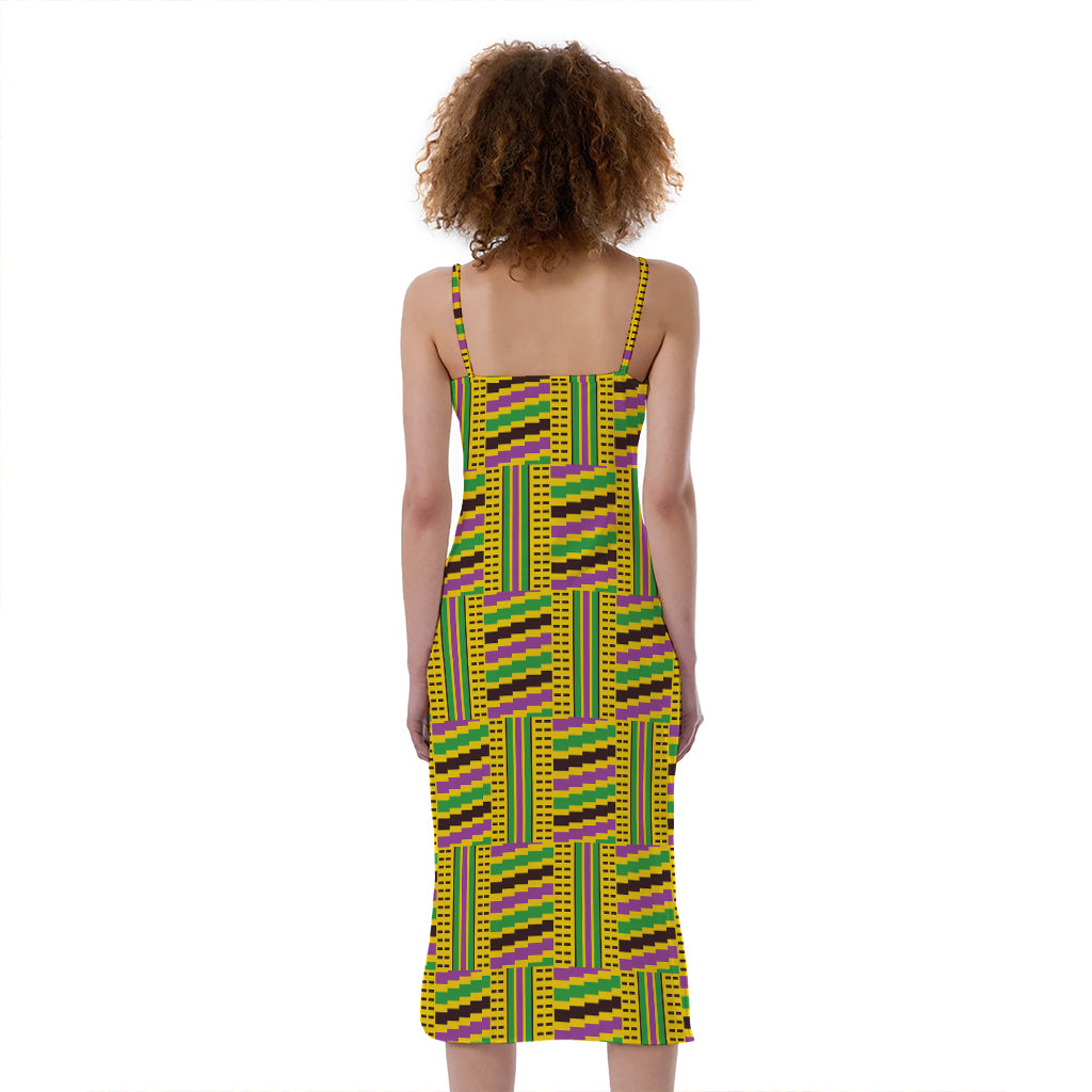 Ghana Kente Pattern Print Slim Fit Midi Cami Dress