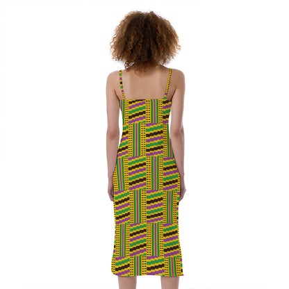 Ghana Kente Pattern Print Slim Fit Midi Cami Dress