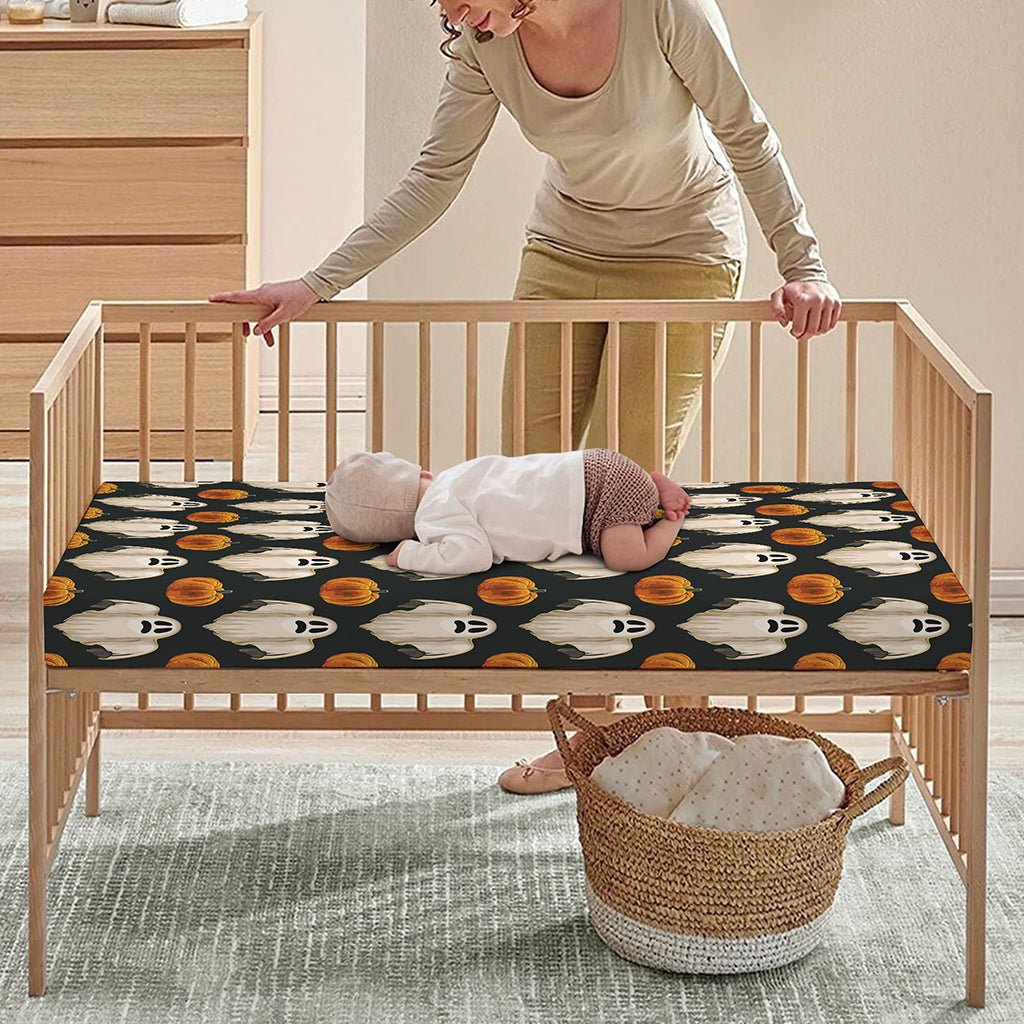 Ghost And Pumpkin Pattern Print Baby Crib Sheet