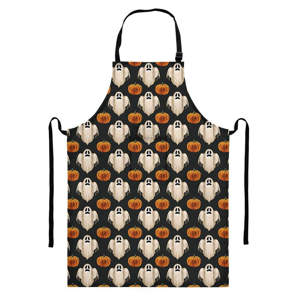 Ghost And Pumpkin Pattern Print Bib Apron With Pocket
