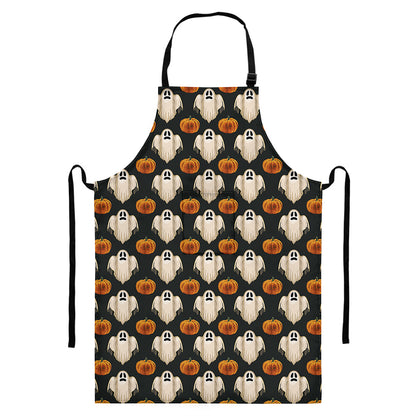 Ghost And Pumpkin Pattern Print Bib Apron With Pocket