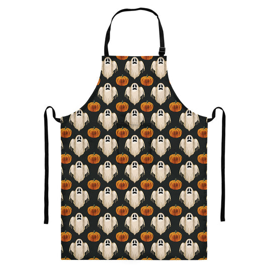 Ghost And Pumpkin Pattern Print Bib Apron With Pocket