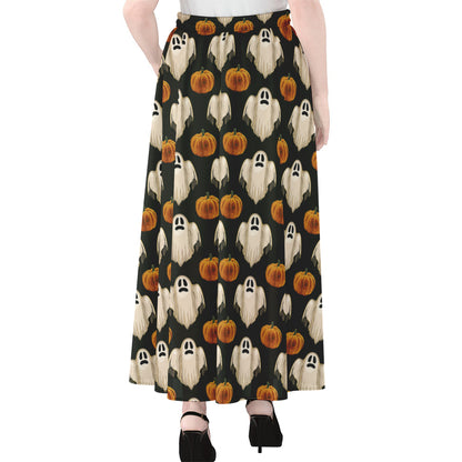 Ghost And Pumpkin Pattern Print Chiffon Maxi Skirt