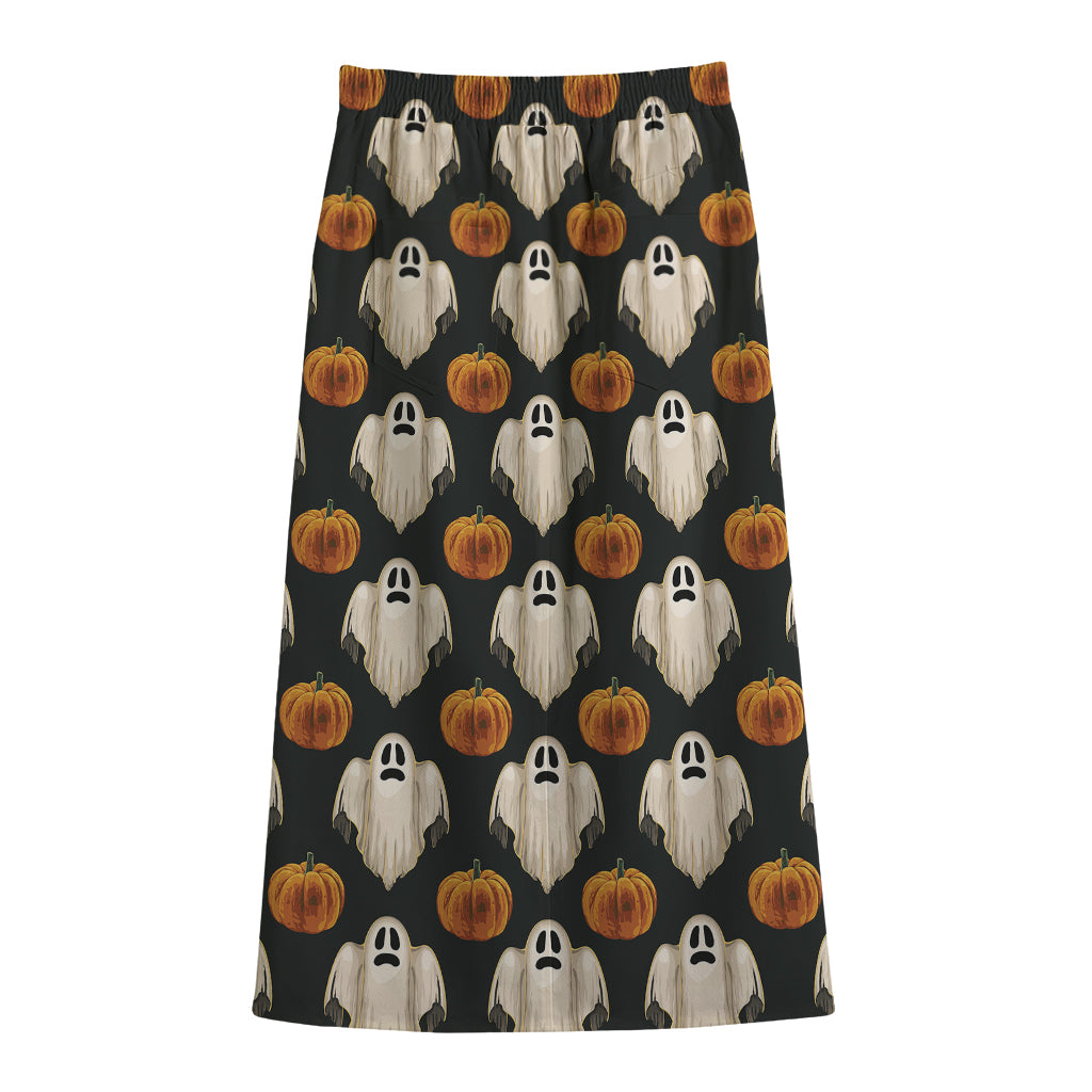Ghost And Pumpkin Pattern Print Cotton Front Slit Maxi Skirt