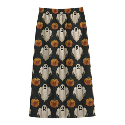 Ghost And Pumpkin Pattern Print Cotton Front Slit Maxi Skirt