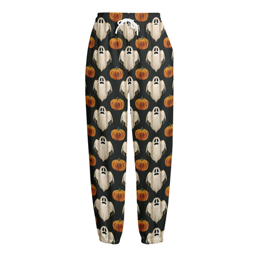 Ghost And Pumpkin Pattern Print Fleece Lined Knit Pants