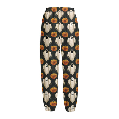 Ghost And Pumpkin Pattern Print Fleece Lined Knit Pants