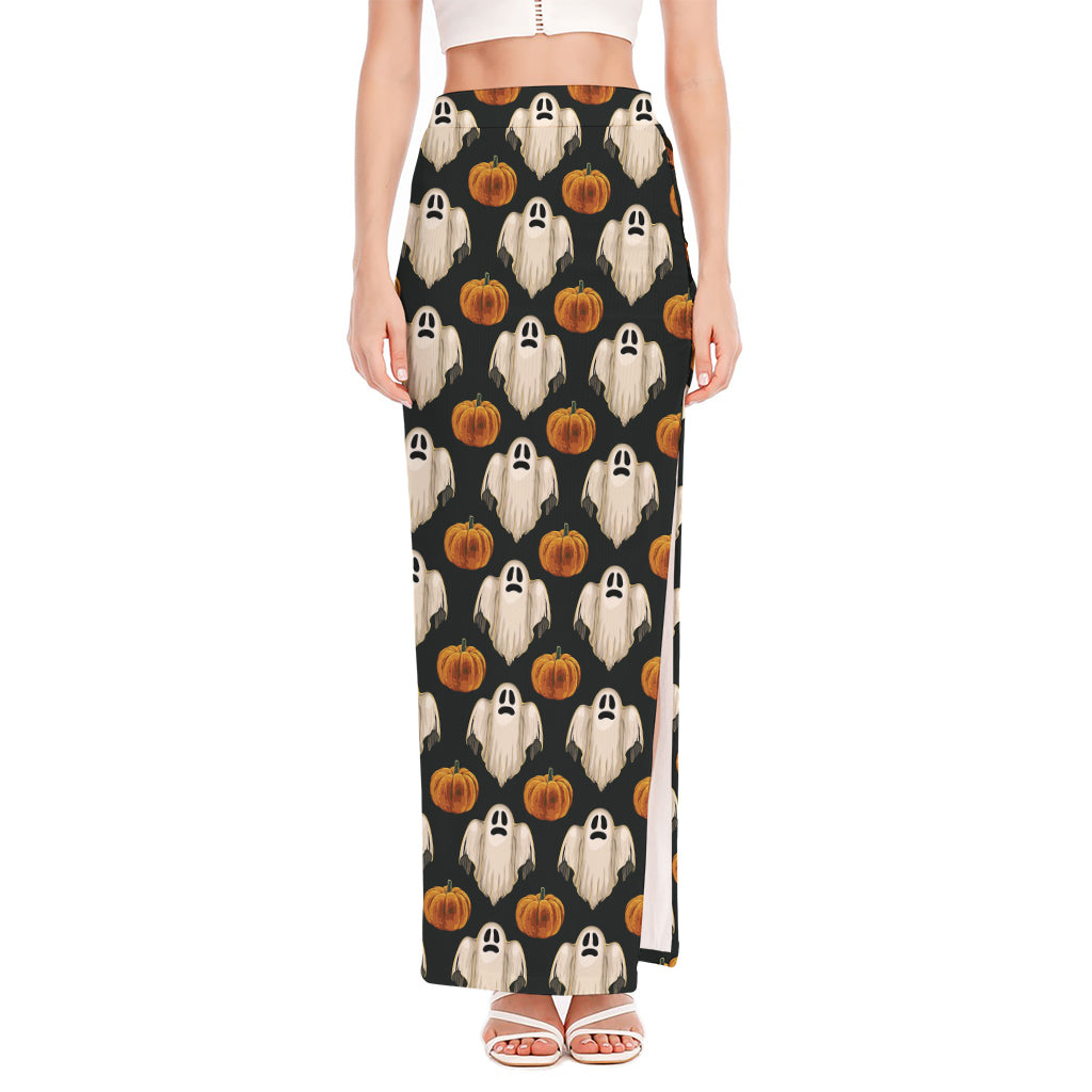 Ghost And Pumpkin Pattern Print High Slit Maxi Skirt