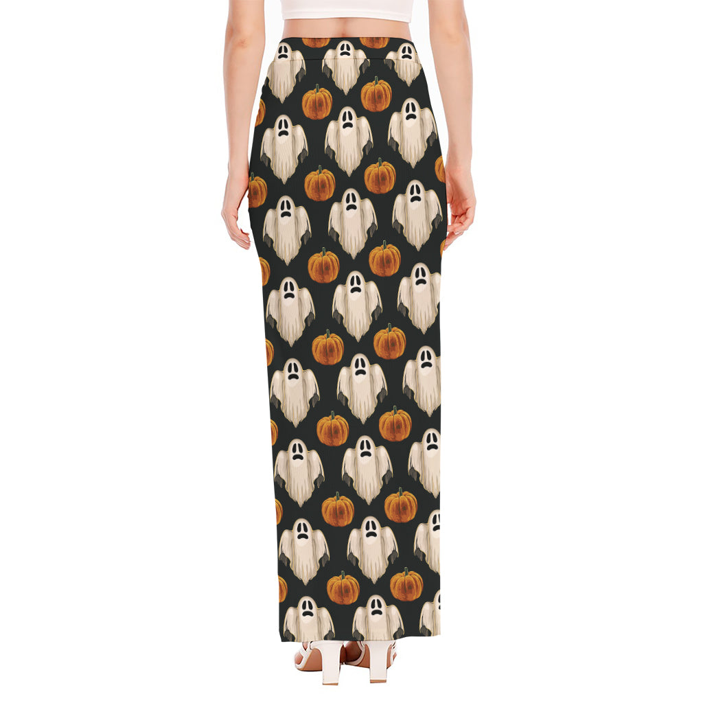 Ghost And Pumpkin Pattern Print High Slit Maxi Skirt