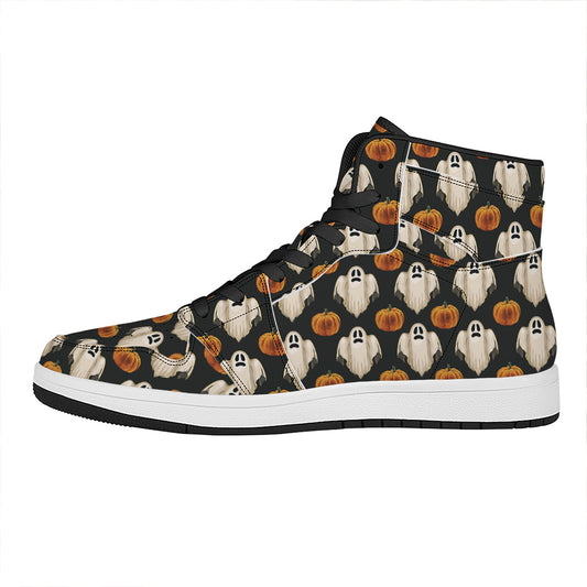 Ghost And Pumpkin Pattern Print High Top Leather Sneakers