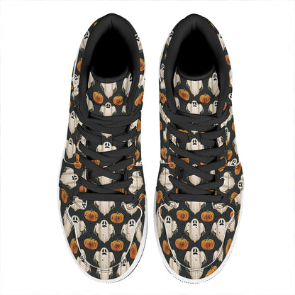 Ghost And Pumpkin Pattern Print High Top Leather Sneakers