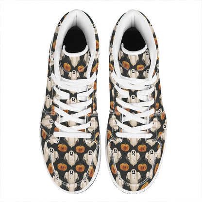 Ghost And Pumpkin Pattern Print High Top Leather Sneakers