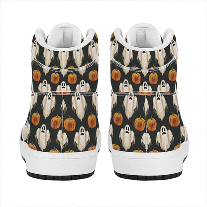 Ghost And Pumpkin Pattern Print High Top Leather Sneakers