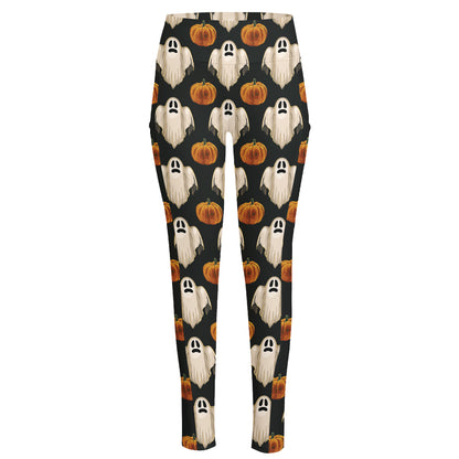 Ghost And Pumpkin Pattern Print High-Waisted Pocket Leggings