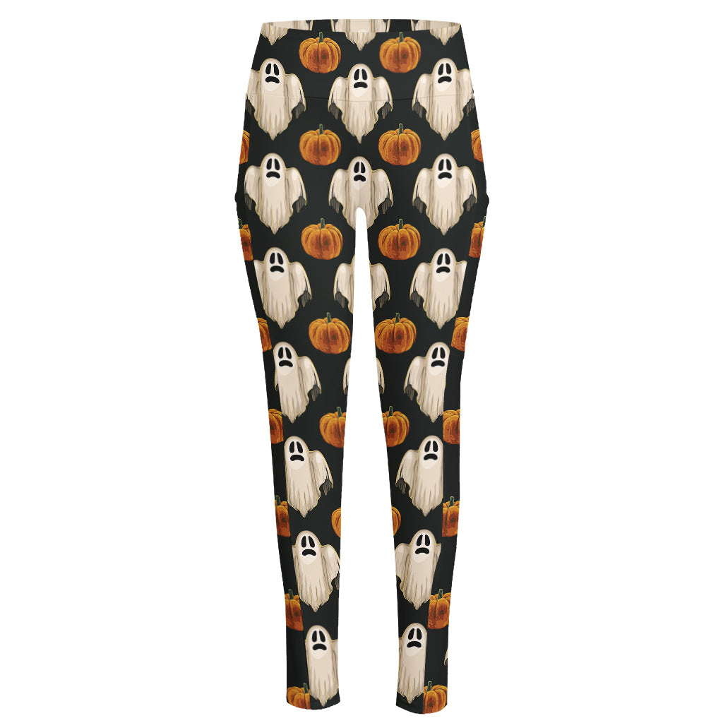 Ghost And Pumpkin Pattern Print High-Waisted Pocket Leggings