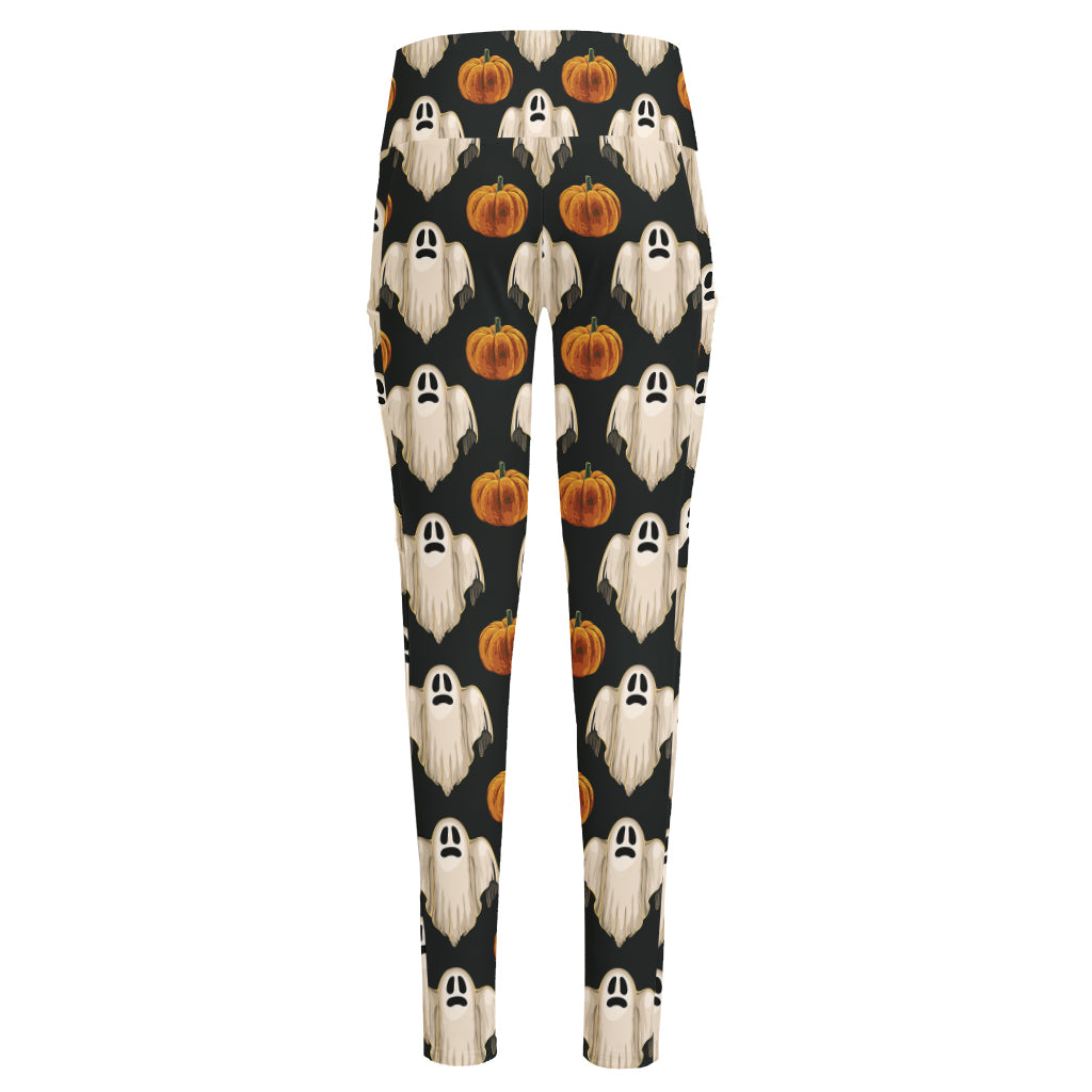 Ghost And Pumpkin Pattern Print High-Waisted Pocket Leggings