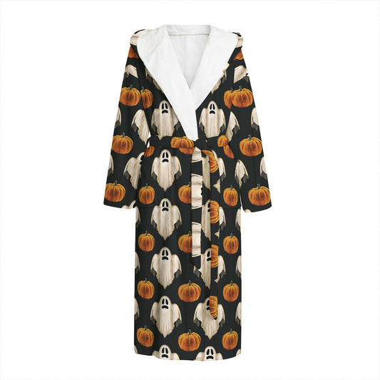 Ghost And Pumpkin Pattern Print Hooded Bathrobe