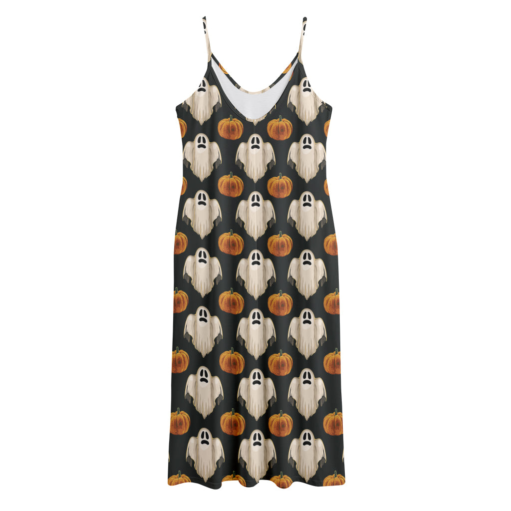 Ghost And Pumpkin Pattern Print Jersey Midi Cami Dress