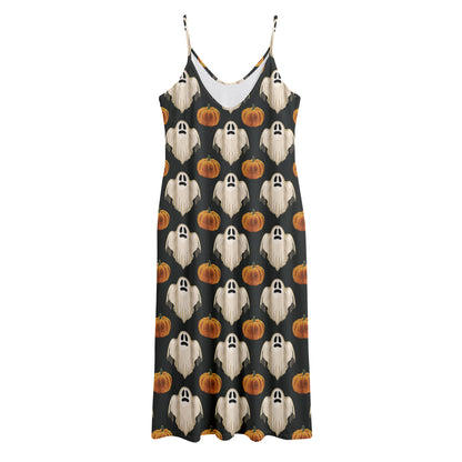 Ghost And Pumpkin Pattern Print Jersey Midi Cami Dress