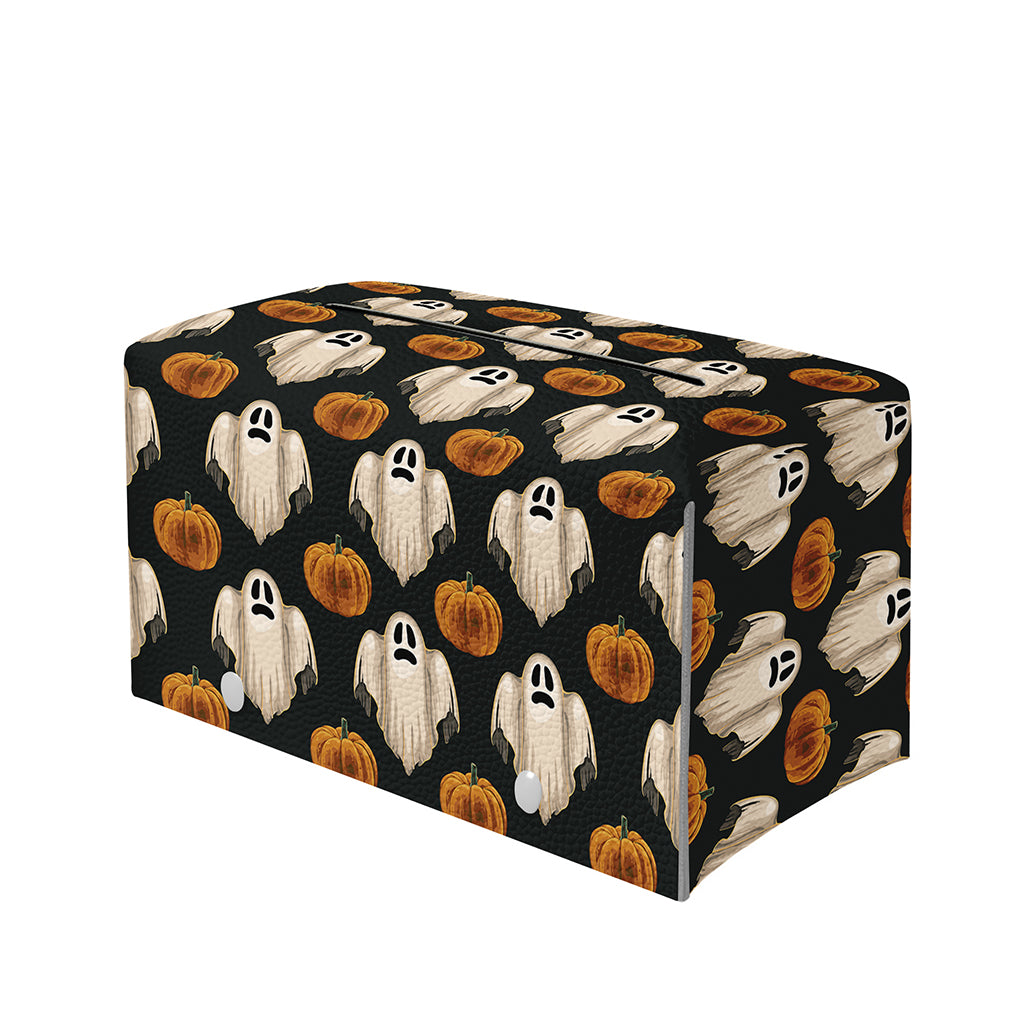 Ghost And Pumpkin Pattern Print Leather Tissue Box Cover