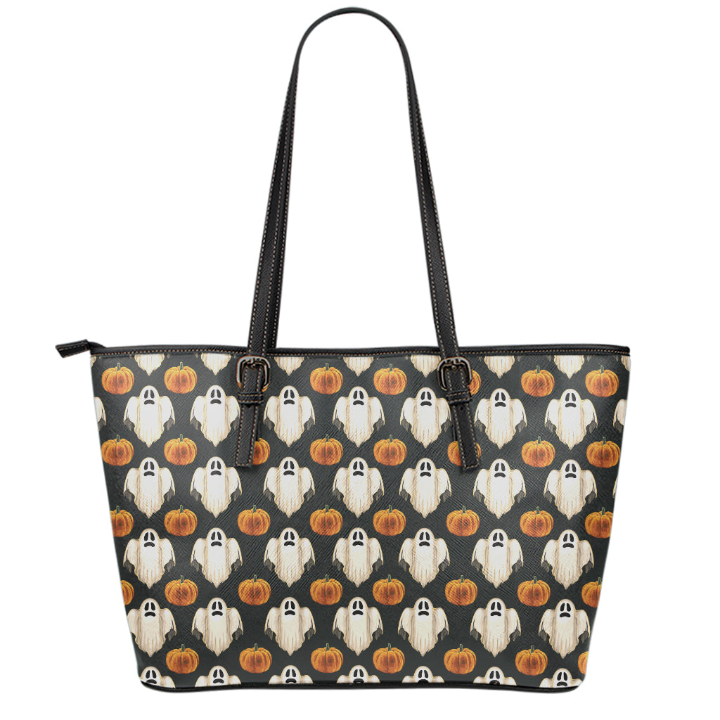 Ghost And Pumpkin Pattern Print Leather Tote Bag