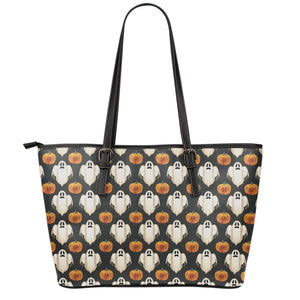 Ghost And Pumpkin Pattern Print Leather Tote Bag