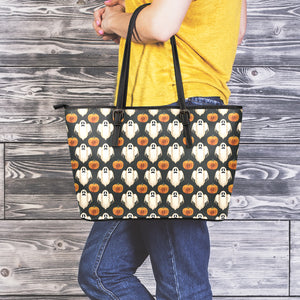 Ghost And Pumpkin Pattern Print Leather Tote Bag