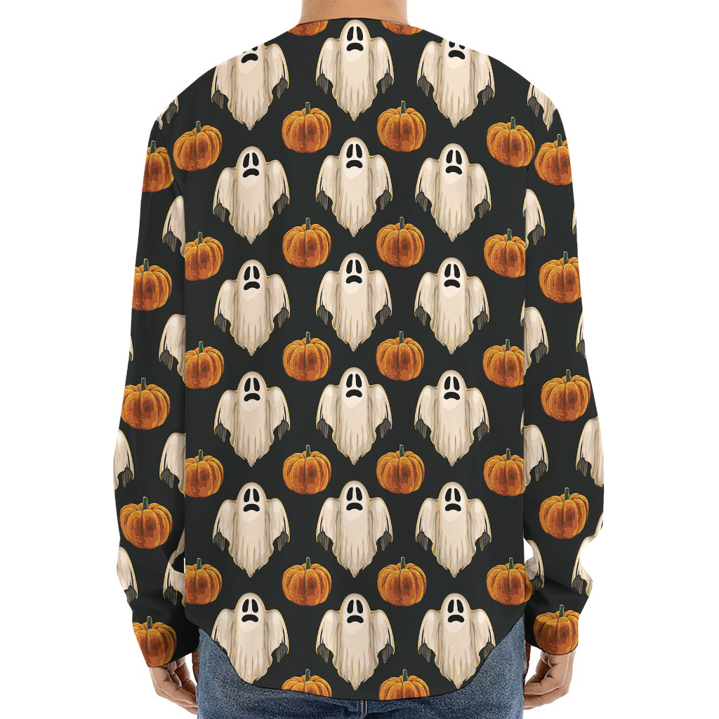 Ghost And Pumpkin Pattern Print Long Sleeve Baseball Jersey