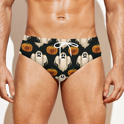 Ghost And Pumpkin Pattern Print Men's Swim Briefs