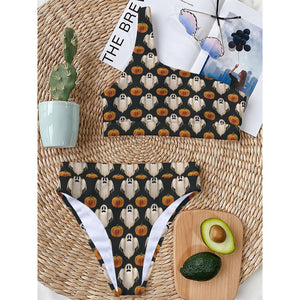 Ghost And Pumpkin Pattern Print One Shoulder Bikini Top