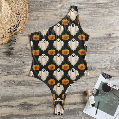 Ghost And Pumpkin Pattern Print One Shoulder Bodysuit
