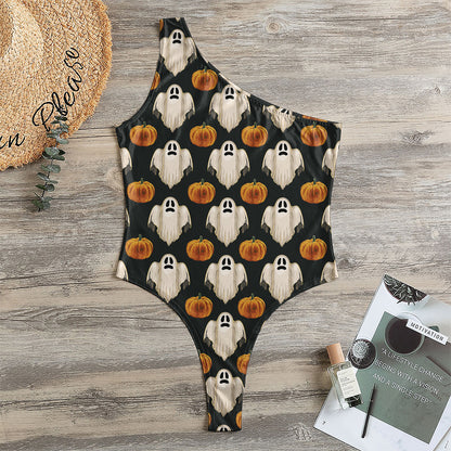 Ghost And Pumpkin Pattern Print One Shoulder Bodysuit