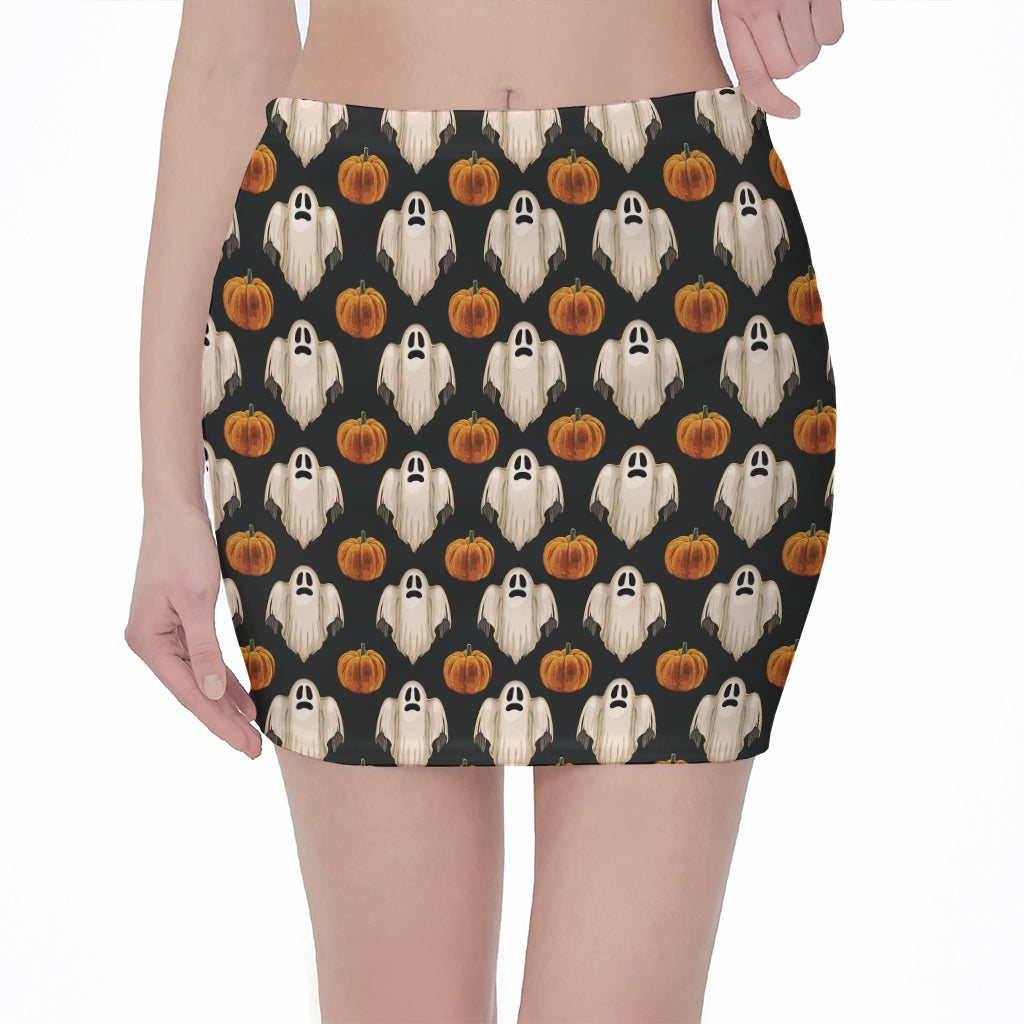 Ghost And Pumpkin Pattern Print Pencil Mini Skirt