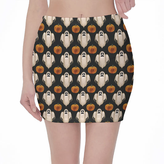 Ghost And Pumpkin Pattern Print Pencil Mini Skirt