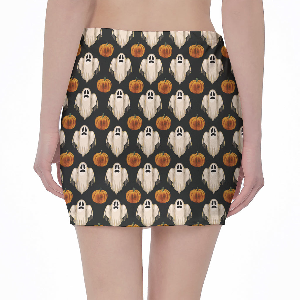 Ghost And Pumpkin Pattern Print Pencil Mini Skirt
